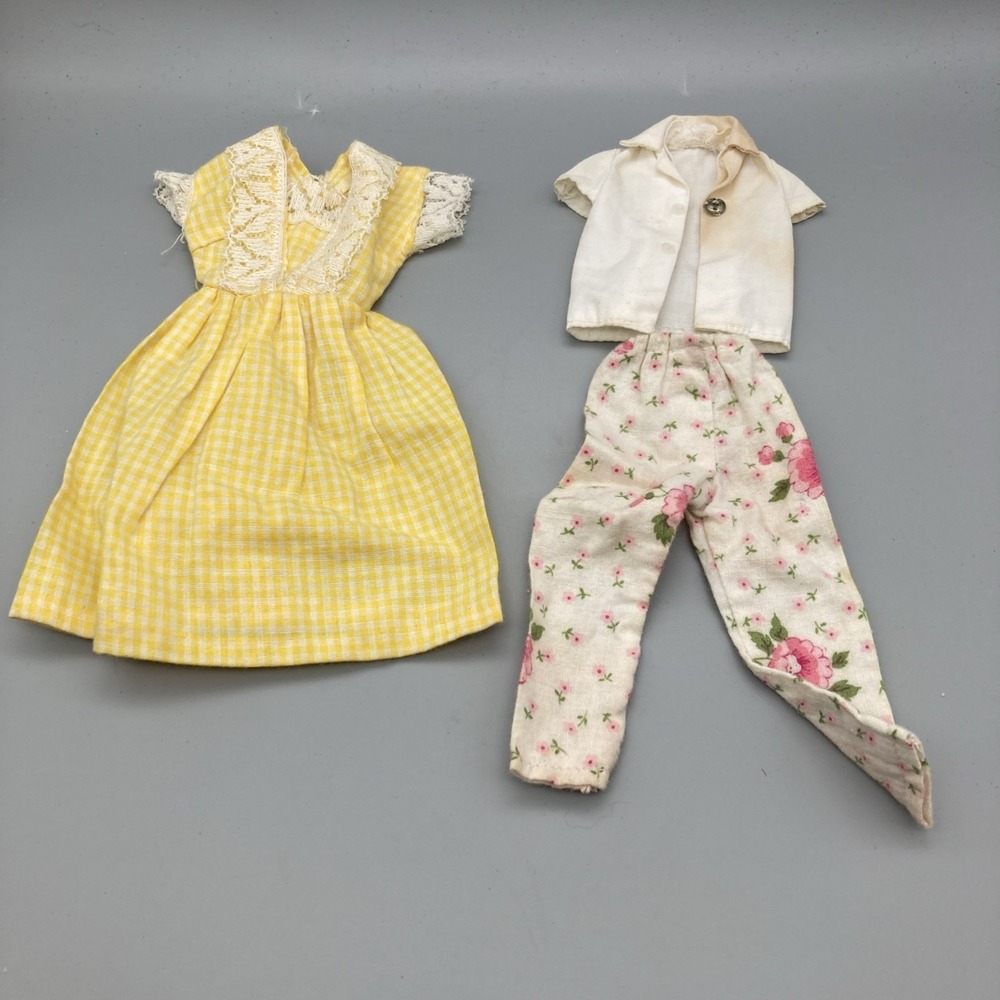 Lot Of Vintage Handmade Barbie Clothes Yellow Gingham Dress, Pajama Set